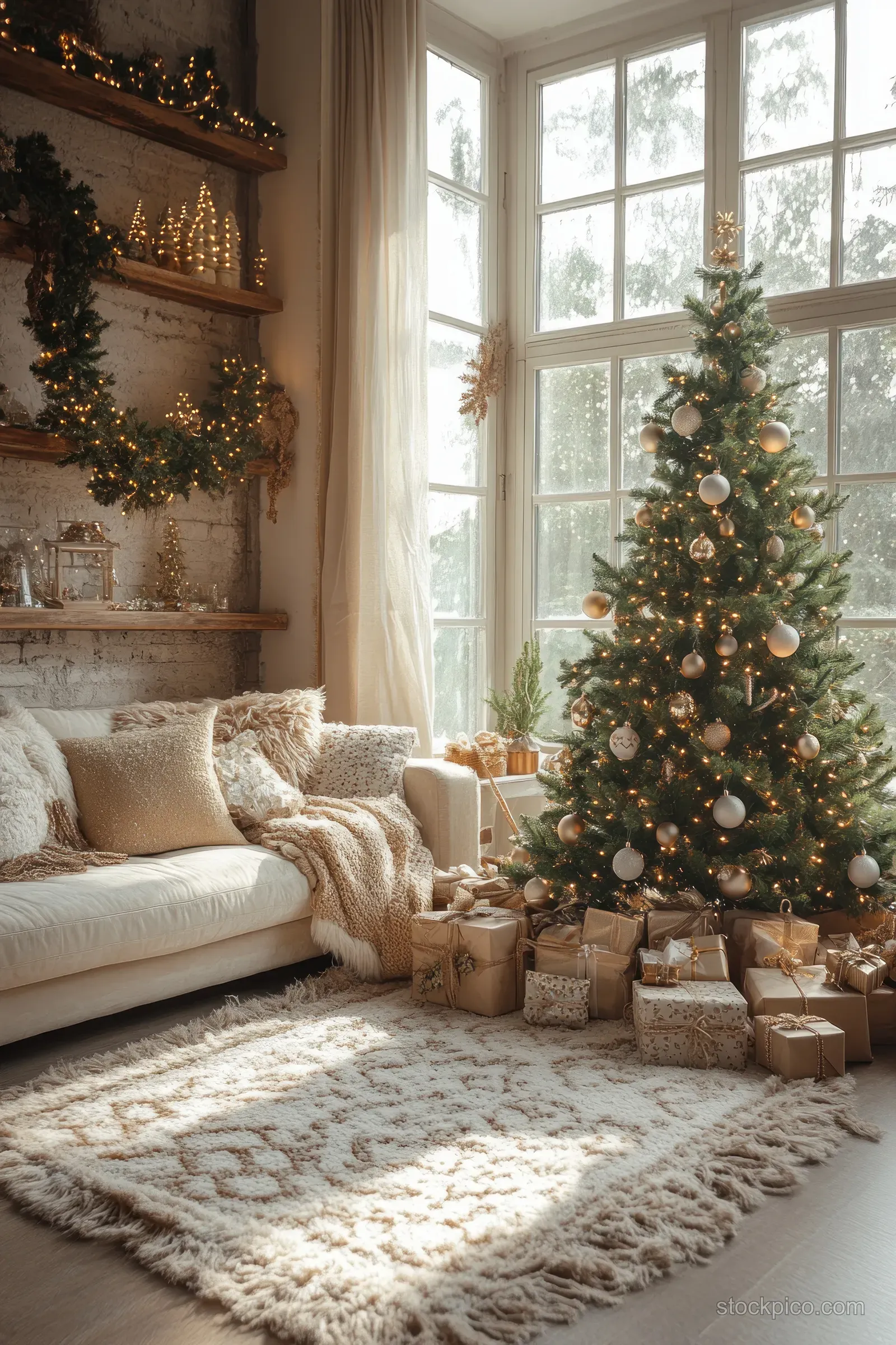 A lit Christmas tree stands in a cozy living room with wrapped gifts and soft winter light from large windows.