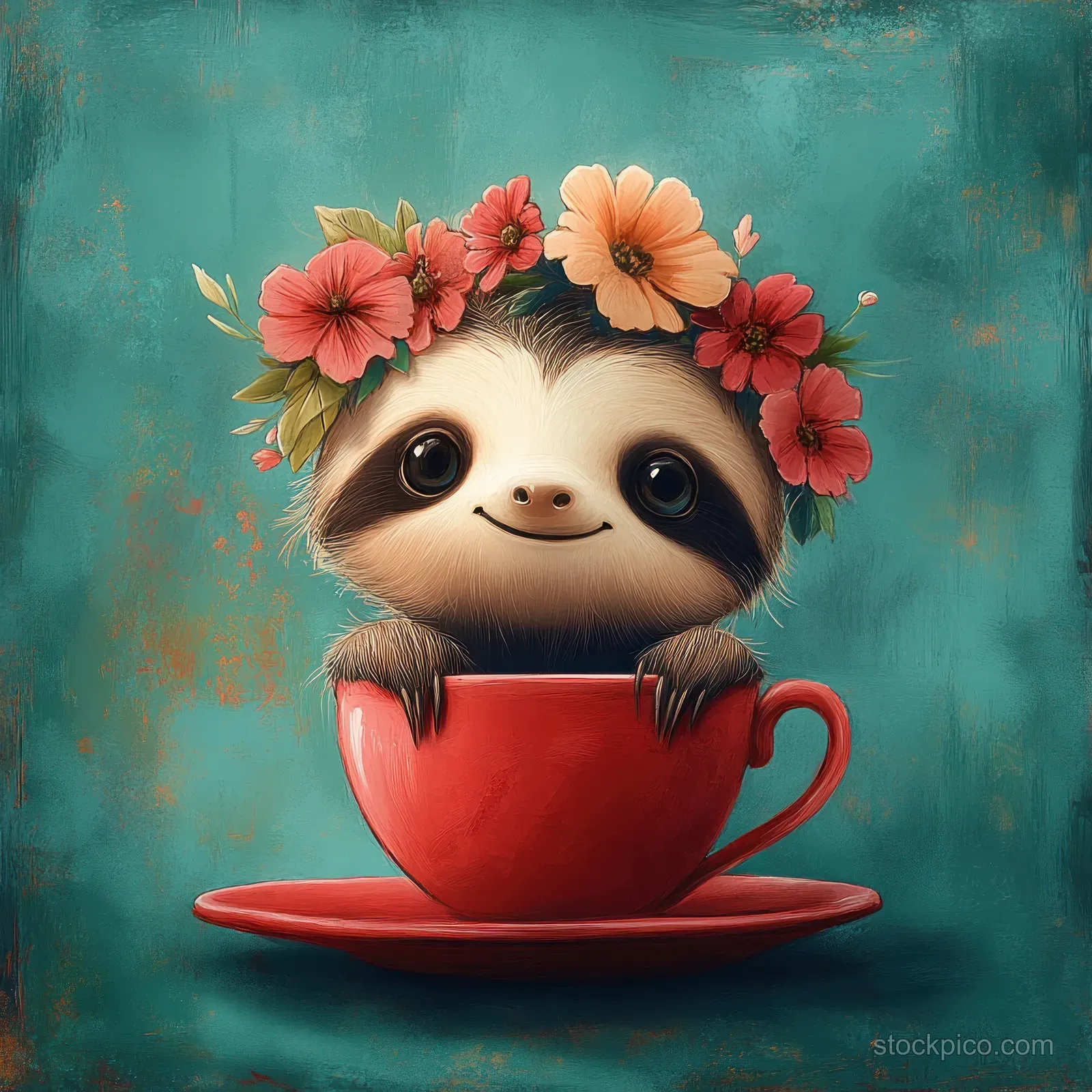 A cute sloth in a red teacup and saucer wearing a flower crown on a teal background.