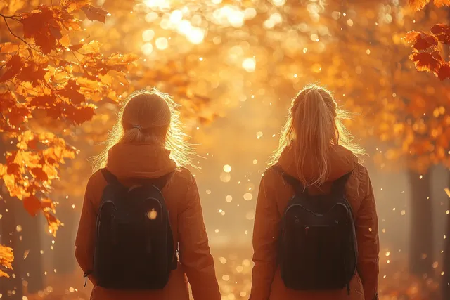 A grandmother and granddaughter walk side by side on an autumn path, backlit by golden sunlight and falling leaves.
