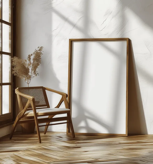 Minimalist framed canvas on light wall beside wooden chair with pampas grass shadows