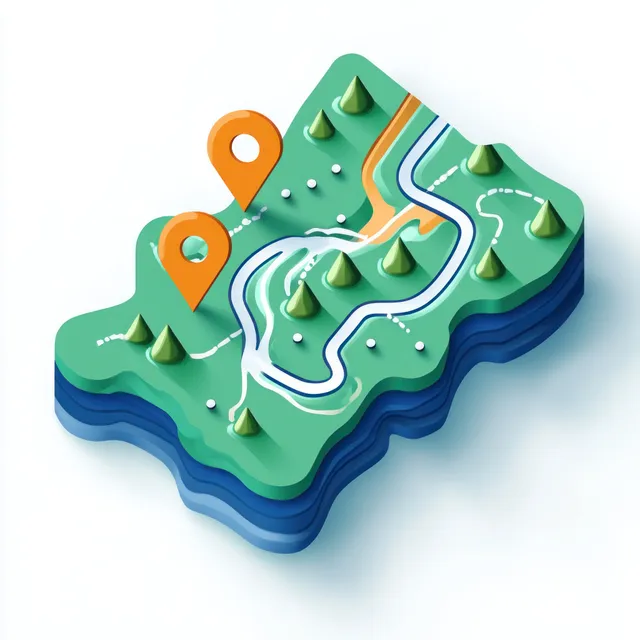 3D terrain map showcasing green hills, blue rivers, roads, and orange markers along a dotted route for navigation.