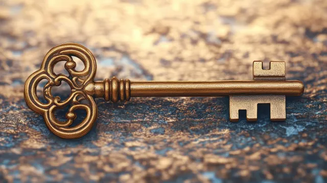 Ornate brass key with engraved bow lies on a textured blue stone surface under warm light.