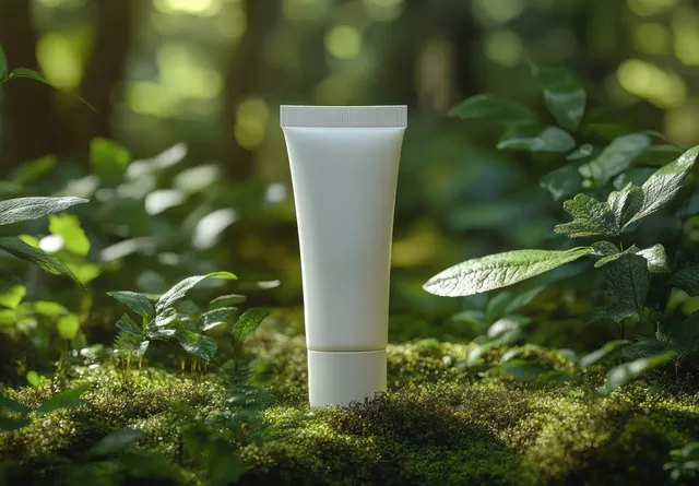 Blank white tube standing on moist green moss in a lush forest