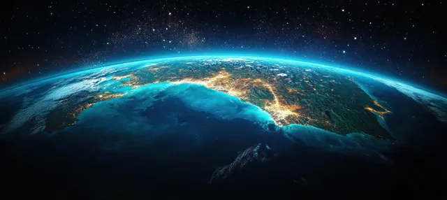 Earth from space showing New Zealand’s turquoise ocean and cloud-lit green coast