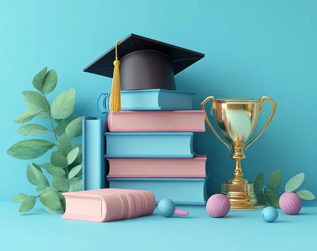 A graduation cap rests on stacked books beside a gold trophy with pastel study props.