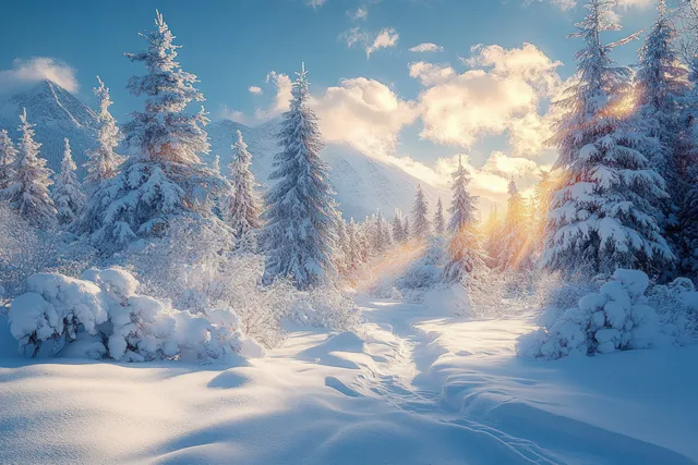 Snowy trail curves through frosted pine trees toward distant mountains under a partly cloudy winter sky.