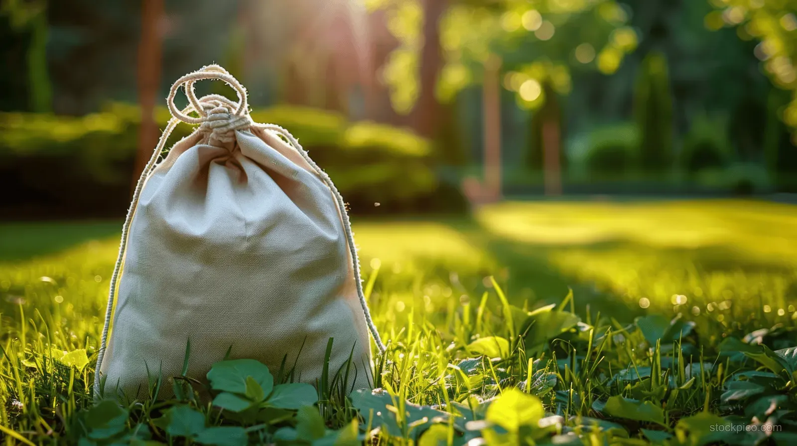 Blank white drawstring sports bag rests on a sunny grassy lawn with rope ties visible.