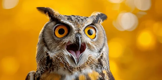 An owl with large wide eyes and an open beak is isolated on a vivid yellow background.
