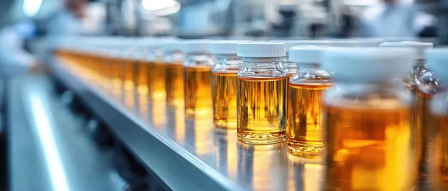 Rows of amber liquid medicine bottles with caps move along an automated pharmaceutical conveyor on a reflective surface.