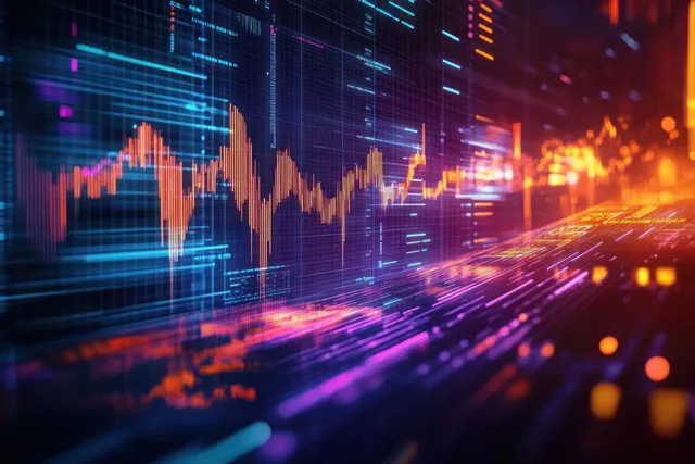 Cyberpunk neon financial chart with glowing candlesticks and streaking data lines across a dark digital grid.