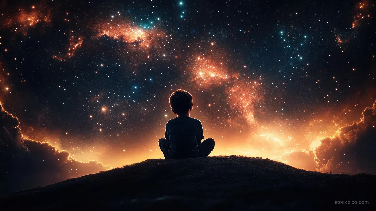 A silhouetted boy sits on a hill and looks up at a glowing starry sky.
