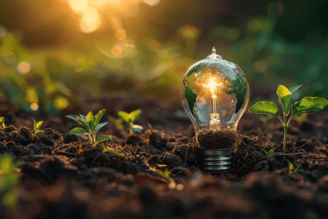 Glowing lightbulb sprouting from soil with seedlings, symbolizing clean renewable energy