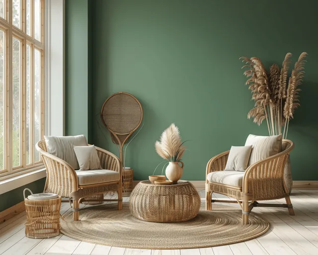 Two rattan armchairs and a round woven table sit in a bright living room with a deep green wall.