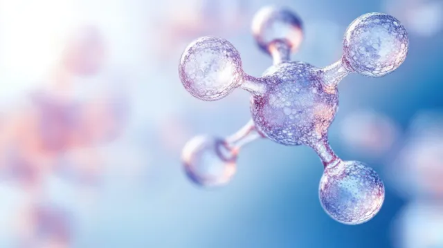 A floating molecular cluster of glowing atom spheres hangs against a soft blue blurred laboratory background.
