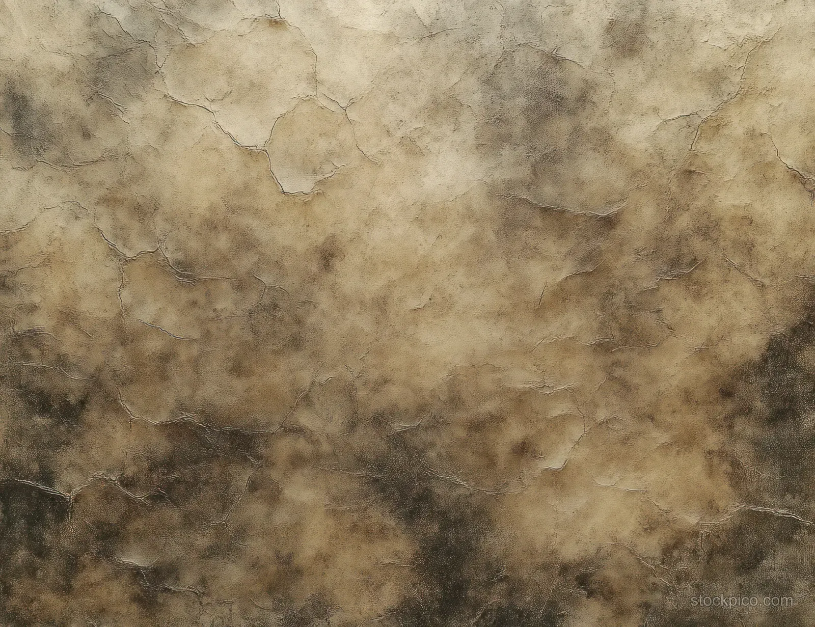 Close-up of a cracked beige wall with dark stained patches and peeling, weathered plaster texture.