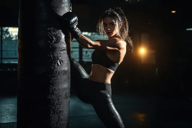 A focused young woman in boxing gloves punches a heavy bag in a dim gym.