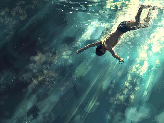Chinese swimmer mid-dive underwater with light rays and a dramatic 200m freestyle sprint