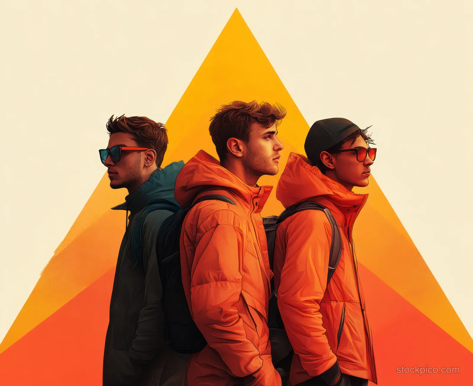 A diverse business team stands together under a large orange pyramid on a light cream background.