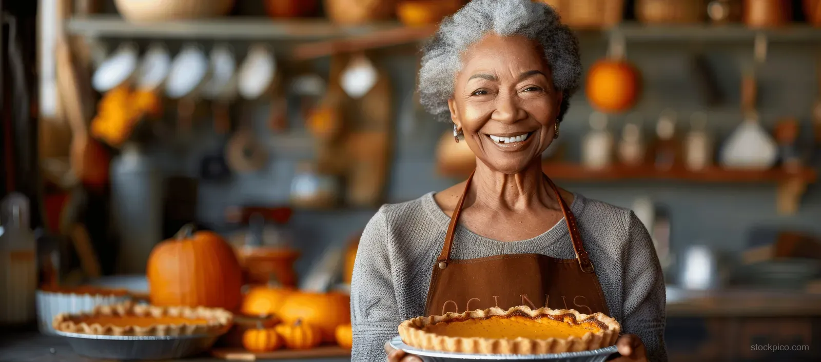 Smiling black senior woman holds a pumpkin pie in an autumn decorated kitchen with pumpkins and shelves behind her.