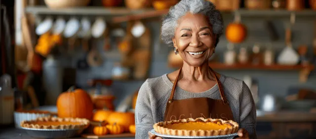 Smiling black senior woman holding pumpkin pie in decorated autumn kitchen
