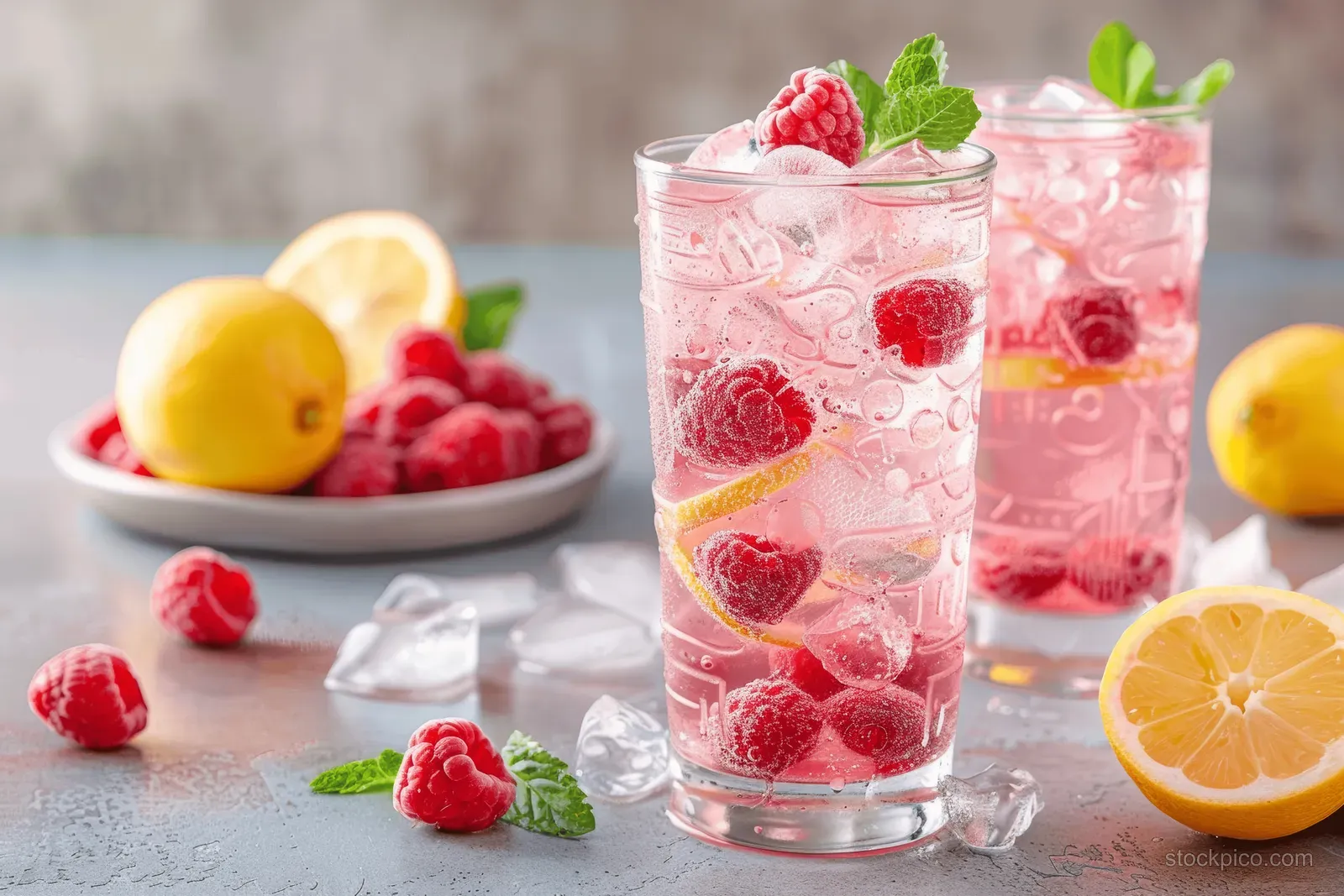 Two tall glasses of icy raspberry lemonade with mint leaves, lemon wedges, and scattered raspberries on a table.