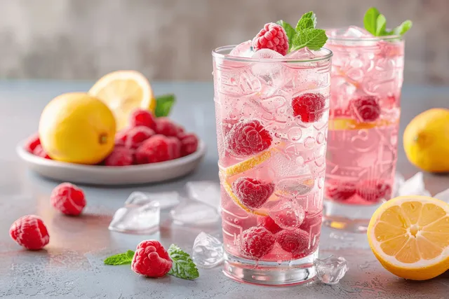 Raspberry lemonade with ice in tall glasses, mint garnish, and lemon wedges on table
