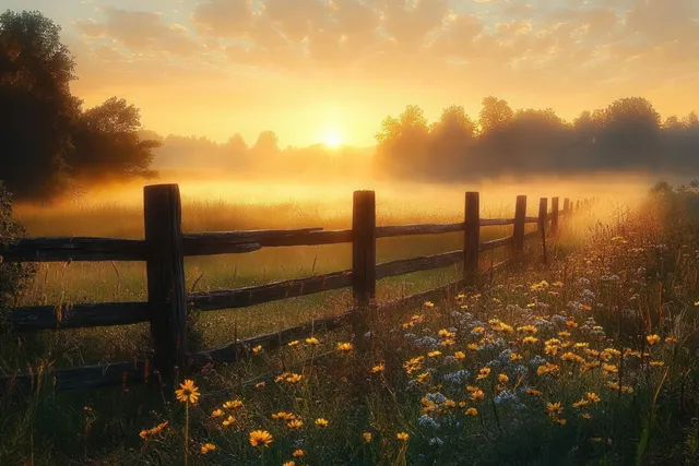 Sunrise over misty rural field with wooden fence and yellow wildflowers in foreground