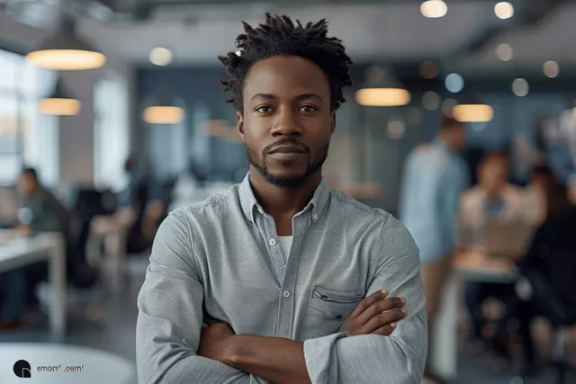 African American businessman stands with arms crossed in a modern tech office, with coworkers blurred behind him.