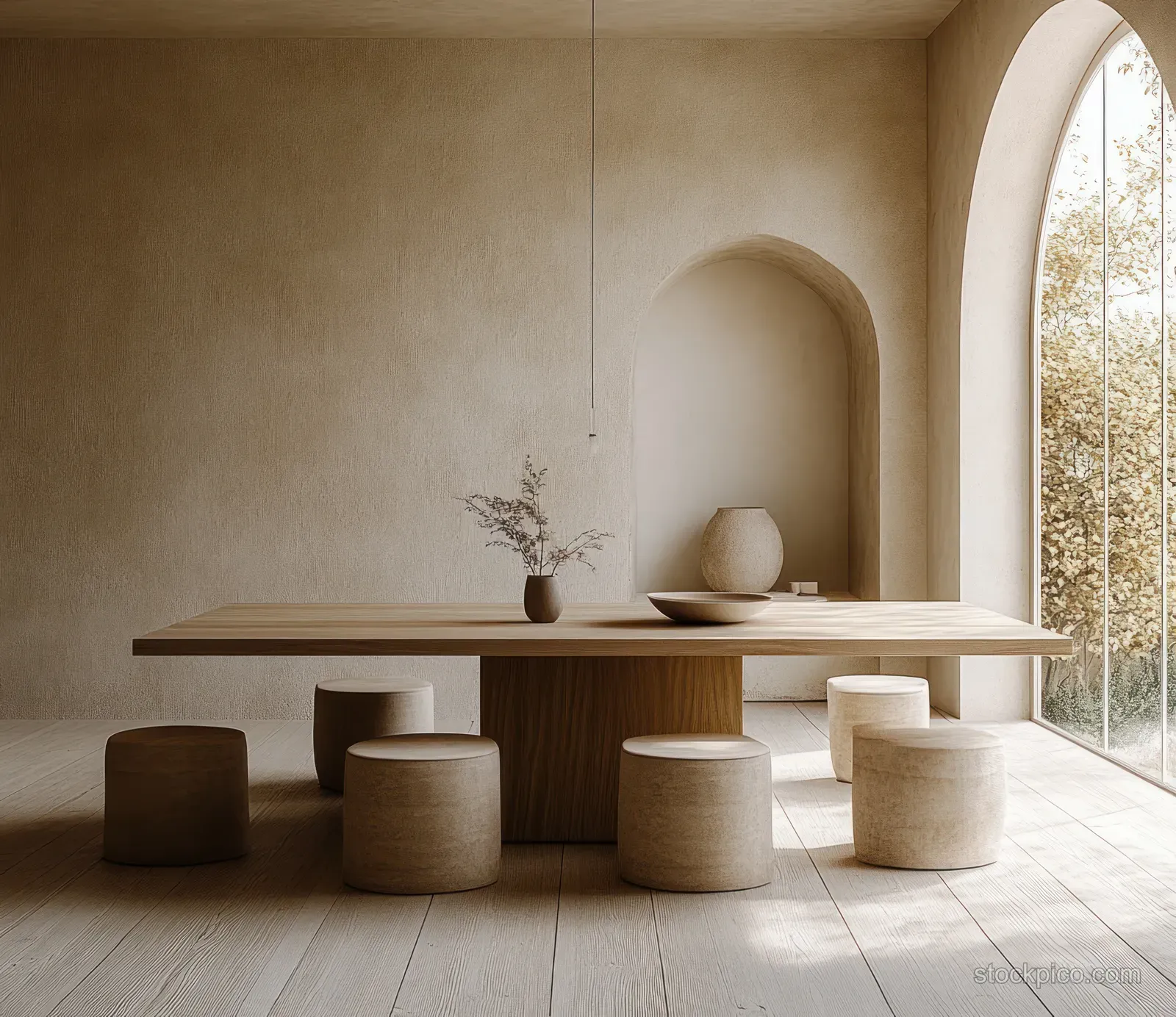 Minimalist dining area with a wooden table, round stools, and natural light from an arched window.