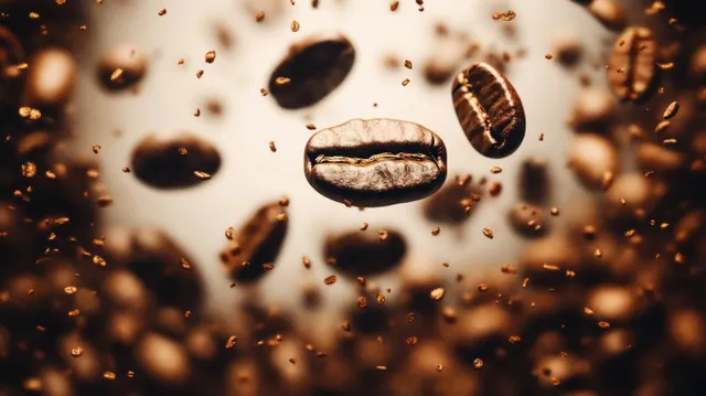 Roasted coffee beans and fine grounds drift through warm amber light in a close-up macro view.