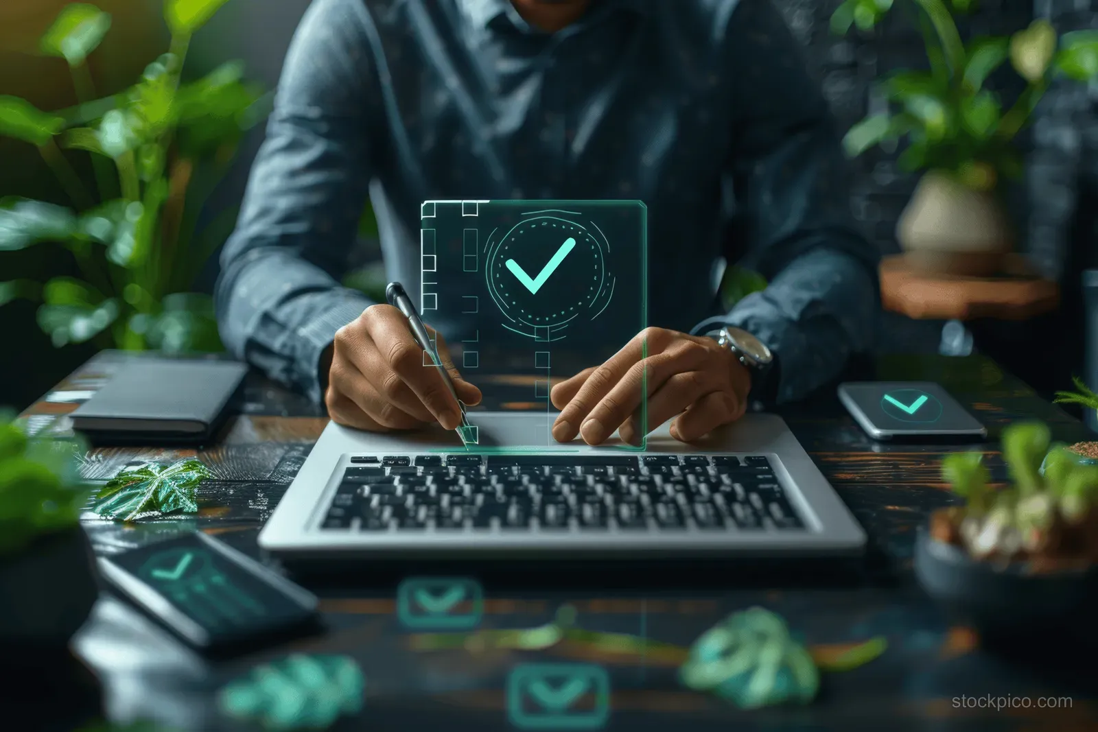 A businessman marks approvals beside a glowing security checklist displayed on his laptop screen.