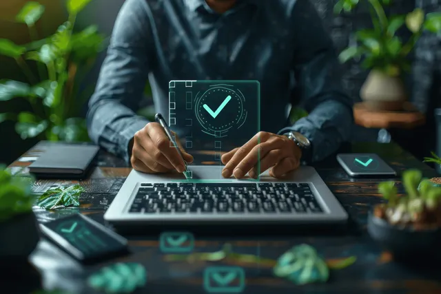 A businessman marks approvals beside a glowing security checklist displayed on his laptop screen.