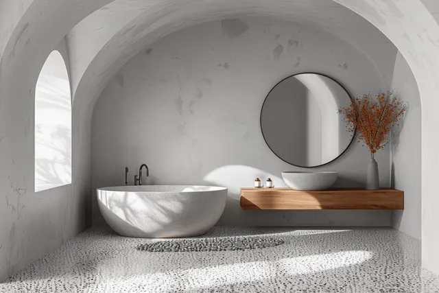 Minimalist bathroom interior with arched ceiling, stone bathtub, round mirror, wooden vanity, and terrazzo floor.