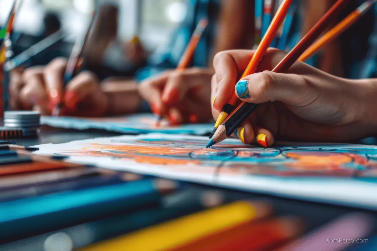Close-up of a student’s hand drawing with colored pencils on an art table with brushes and markers nearby.