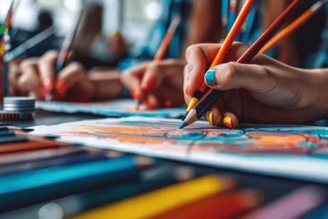 Student hand drawing with colored pencils at art studio table surrounded by brushes