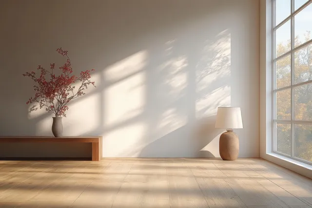 Minimalist living room interior with warm wood floor and soft window light shadows