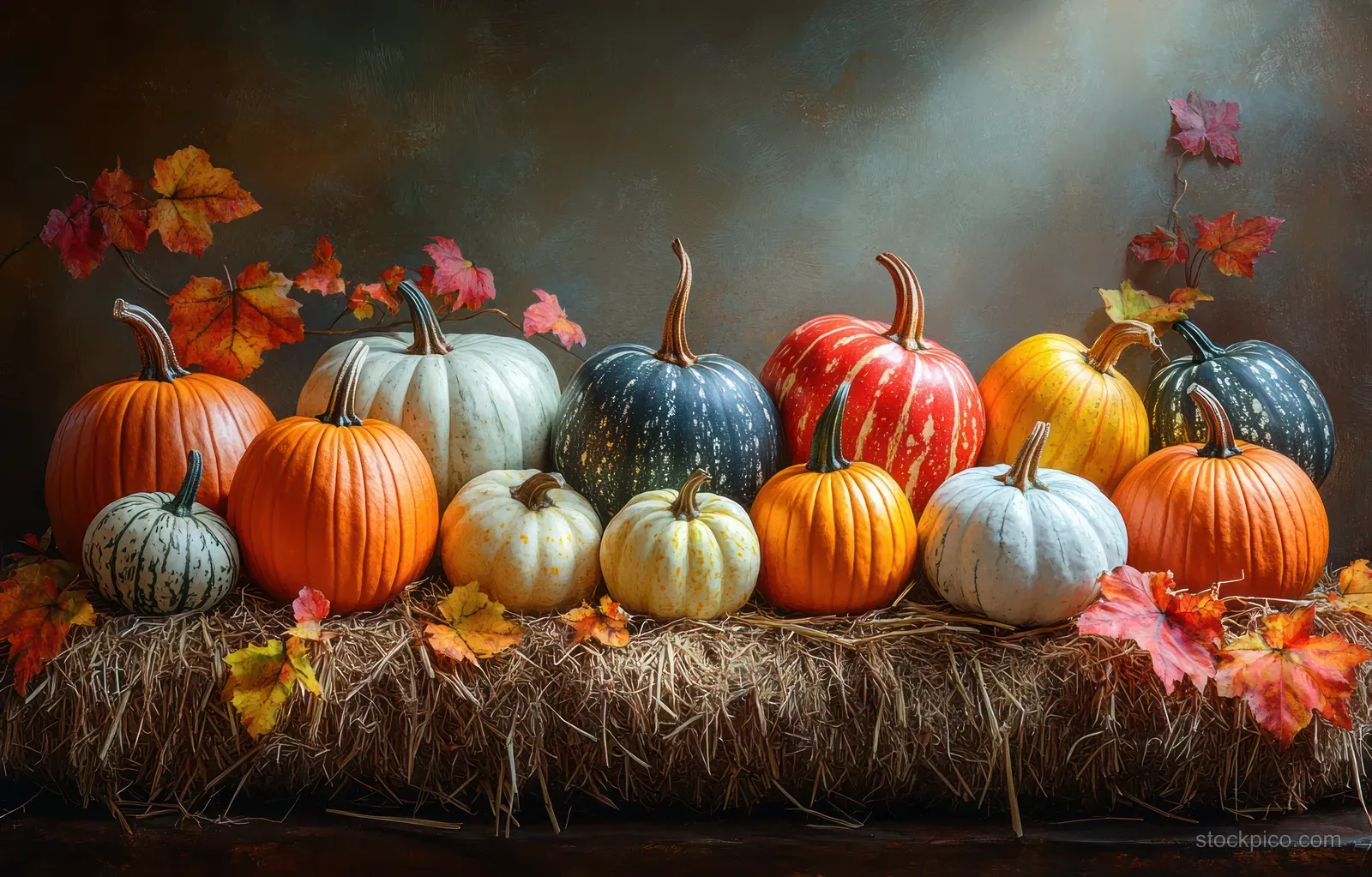 Pumpkins and squash arranged on a straw hay bale with scattered autumn leaves.