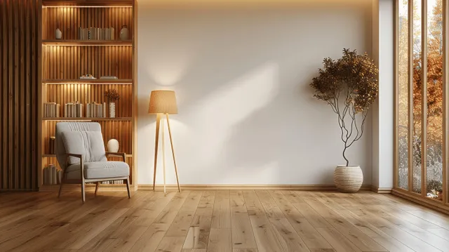 Minimalist living room corner with white armchair, warm floor lamp, wood slat shelves, and a potted plant by windows.