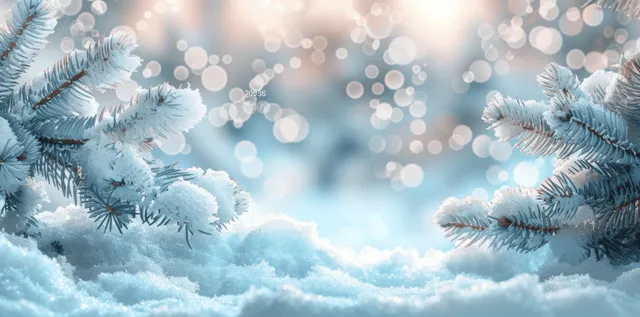 Frosted spruce branches and snowdrifts with warm glowing bokeh lights against a blue winter background.