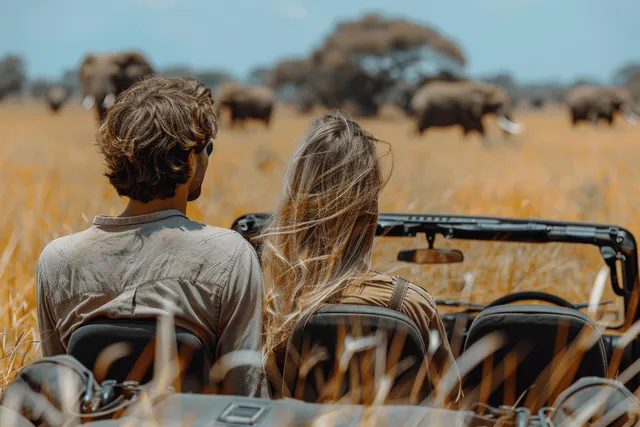 Young couple sits in an open safari jeep watching elephants walking through golden savanna grass.