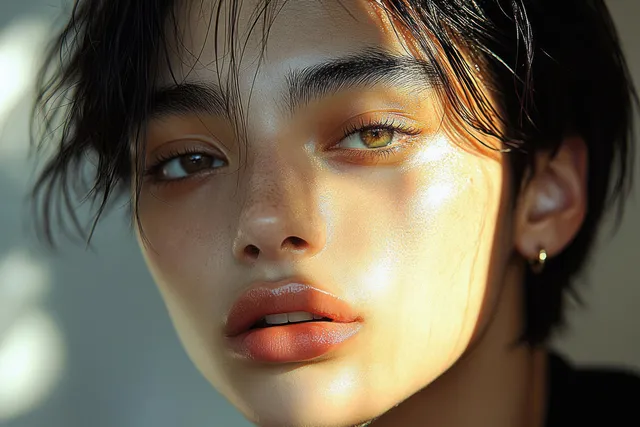 Asian man close-up portrait with soft sunlight warming his face and skin texture against a blurred background.