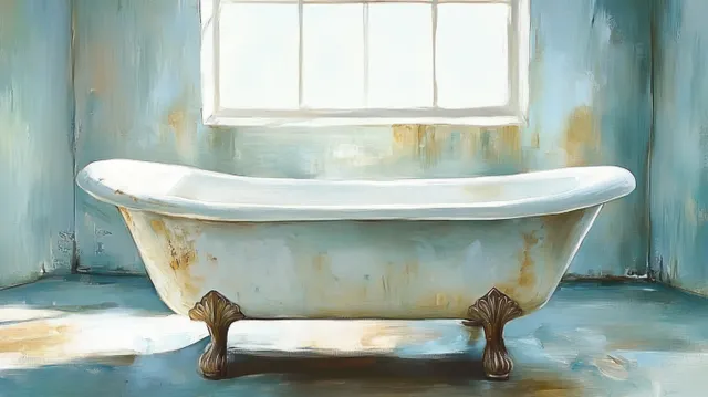 Rust-stained white clawfoot bathtub rests in a softly lit bathroom with textured blue walls and a large window.