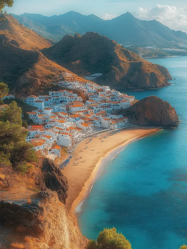 White houses on a hillside overlook a golden sandy beach and turquoise sea backed by rugged mountains.