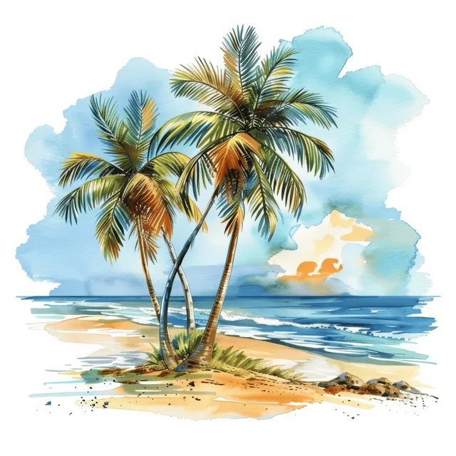 Watercolor palm tree standing on a sandy tropical island beside blue ocean waves on a white background.