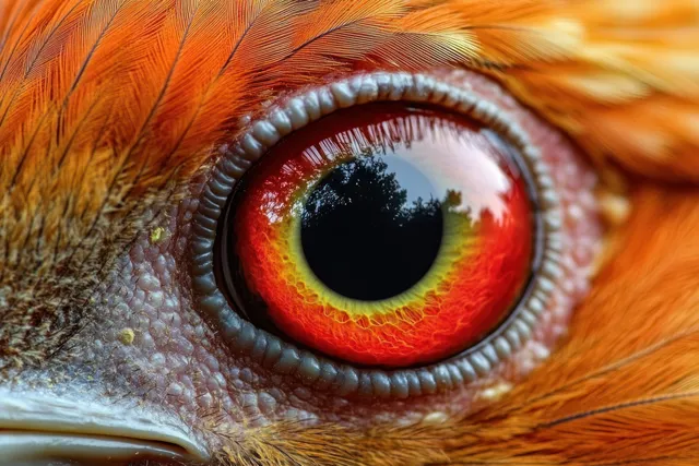 Macro close-up of a chicken eye with vivid red iris and detailed surrounding feathers.