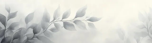 Soft grayscale branch silhouettes with elongated leaves fade into a white background.