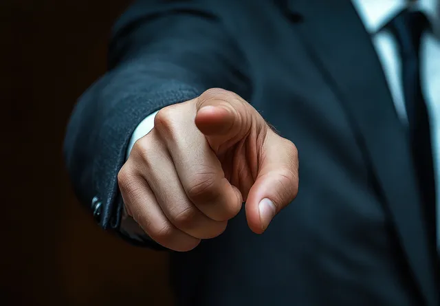 A man in a dark suit and tie points directly toward the camera with an assertive fist gesture.