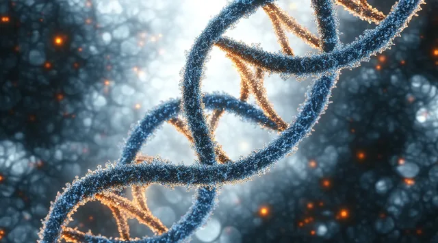 Blue and orange DNA double helix with glowing particles in a blurred cell-like background