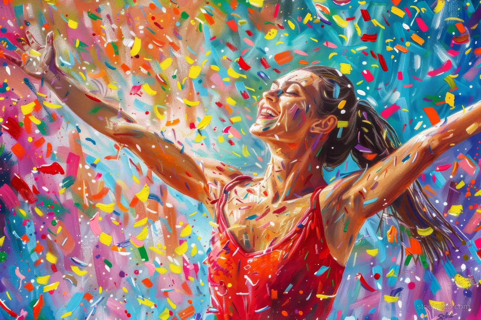 A red-clad gymnast celebrates with arms raised as confetti fills the air in a colorful arena scene.