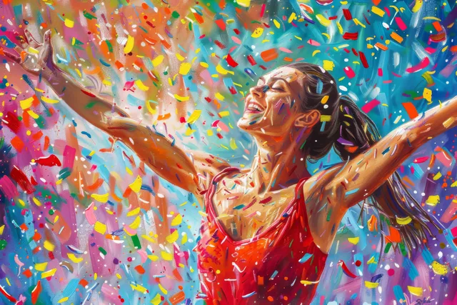 A red-clad gymnast celebrates with arms raised as confetti fills the air in a colorful arena scene.
